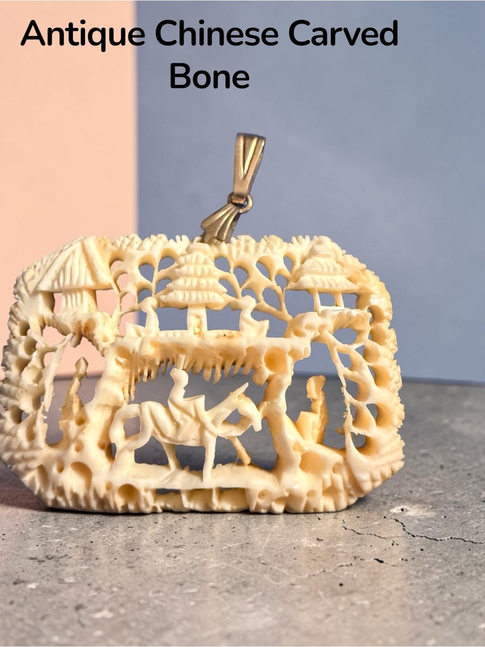 Antique Chinese Carved Bone Pendant Intricate Landscape Pagodas Figures Gold Ton